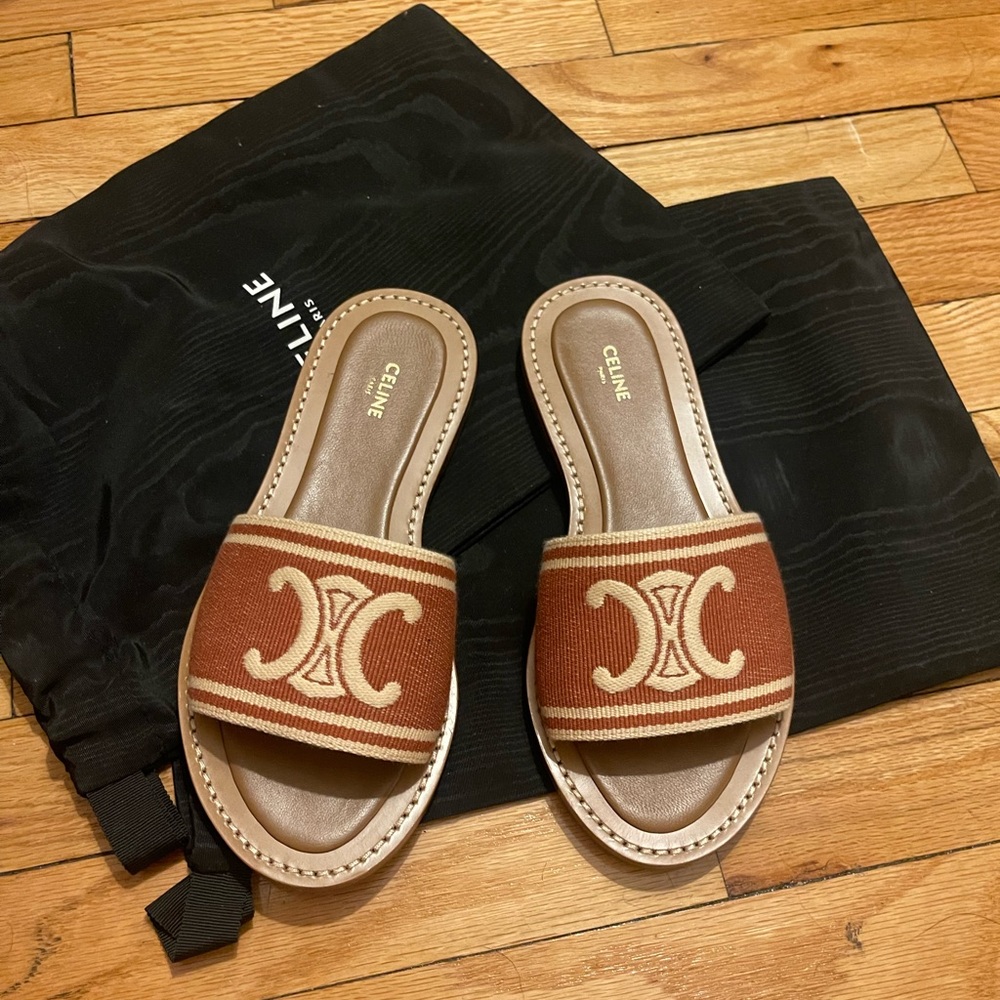 Celine Tan and Cream Slide Sandals